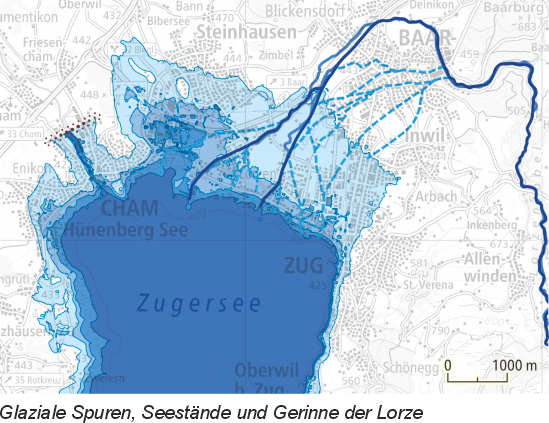 Karte mit glazialen Spuren, Seeständen und Gerinnen der Lorze